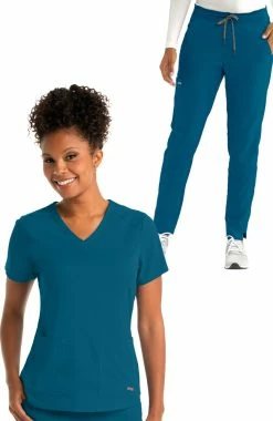 Grey's Anatomy Women's Solid Scrub Top & Track Cargo Scrub Pant