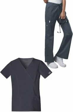 Cherokee Workwear Women's Mock Wrap Solid Scrub Top & Drawstring Scrub Pant