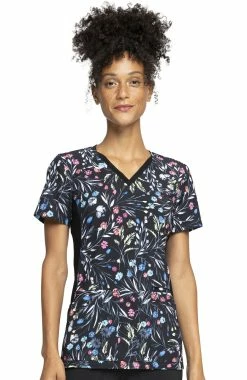 Cherokee Clearance Women's Knit Panel Breezy Buds Print Scrub Top