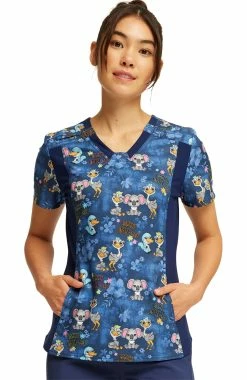 Cherokee Women's V-Neck Knit Panel Easily Emu-sed Print Scrub Top