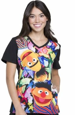 Cherokee Clearance Women's V-Neck Contrast Back Sesame Street Print Scrub Top