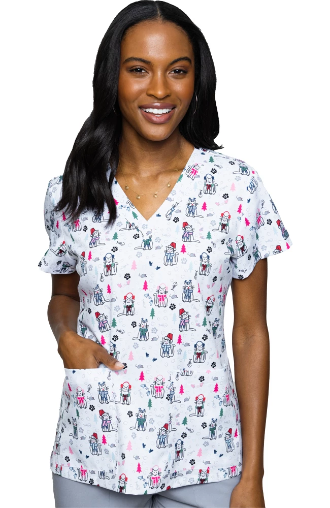 Med Couture Women's Vicky Meowy Christmas Print Scrub Top 3 Med Couture Women's Vicky Meowy Christmas Print Scrub Top