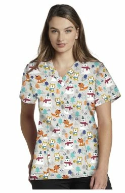 White Cross Clearance Women's Christmas Celebration Print Scrub Top