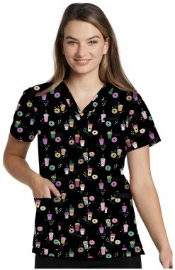 White Cross Women's V-Neck Break Time Print Scrub Top