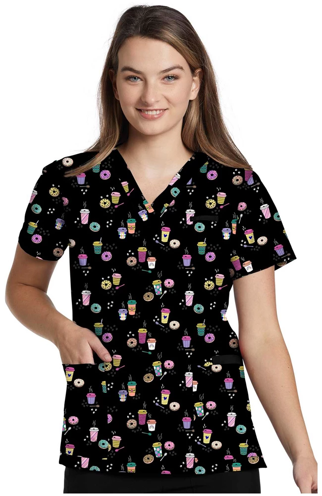 White Cross Women's V-Neck Break Time Print Scrub Top 3 White Cross Women's V-Neck Break Time Print Scrub Top