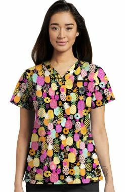 White Cross Clearance Women's Pineapple Party Print Scrub Top