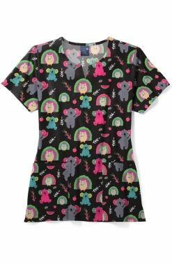 Zoe And Chloe Women's Notch Neck Spiky Mikey Print Scrub Top